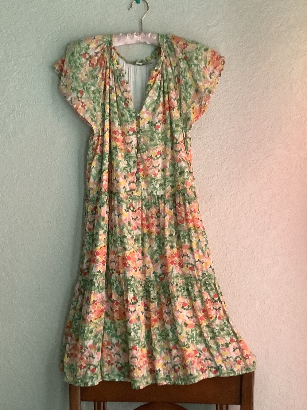 LOFT Floral Tiered  Dress in Green, Pink, Yellow